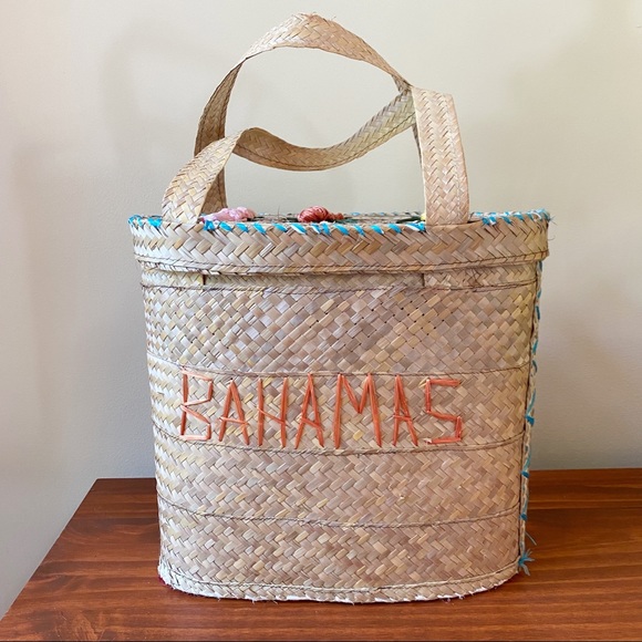 Vintage Embroidered Wicker Straw Bahamas Beach Bag - Picture 3 of 4